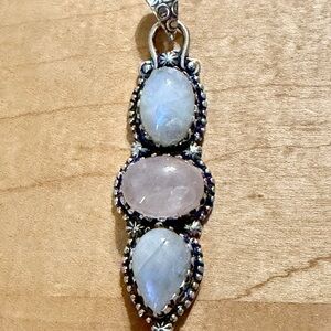 Beautiful Moonstone & Rose Quartz Pendant Necklace - 925 Plated/Stamped